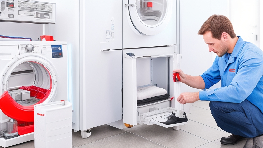 Professzionális BOSCH mosógép szerviz technikus éves karbantartási ellenőrzést végez diagnosztikai eszközökkel tiszta szerviz műhelyben